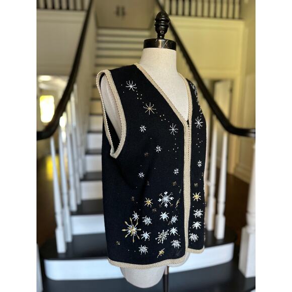 Vintage Snowflake Sweater Zip Vest Fall Winter Christmas Party Festive Beaded - Picture 5 of 12